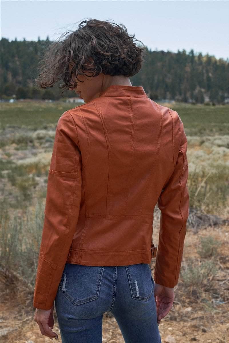 Rust Vegan Leather Long Sleeve Biker Jacket-TOPS / DRESSES-[Adult]-[Female]-Blue Zone Planet