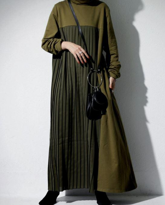 Pleated Funnel Neck Sweater Dress-TOPS / DRESSES-[Adult]-[Female]-Green-Maxi-2022 Online Blue Zone Planet