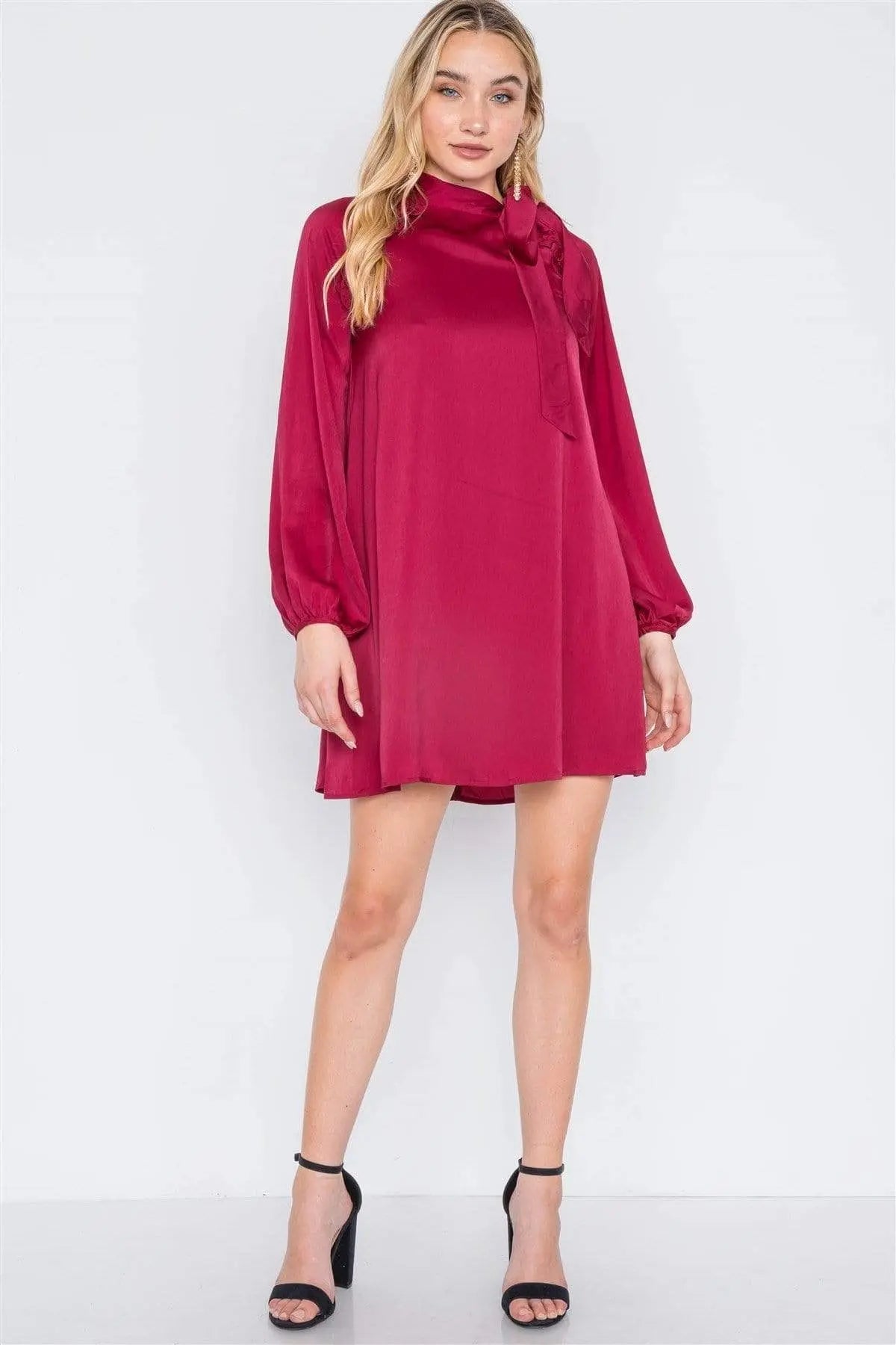Satin Long Sleeve Side-tie Mini Dress Blue Zone Planet