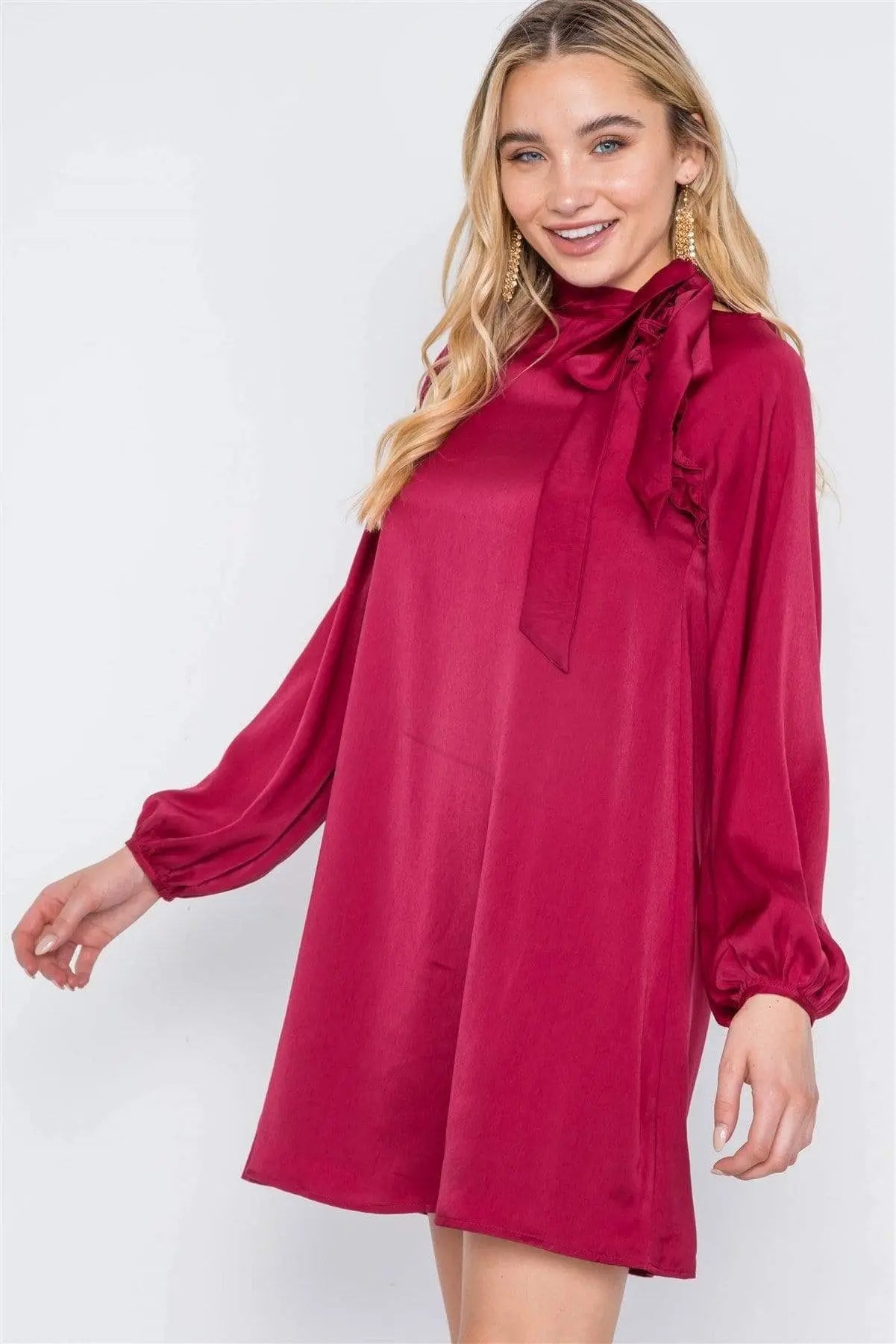 Satin Long Sleeve Side-tie Mini Dress Blue Zone Planet