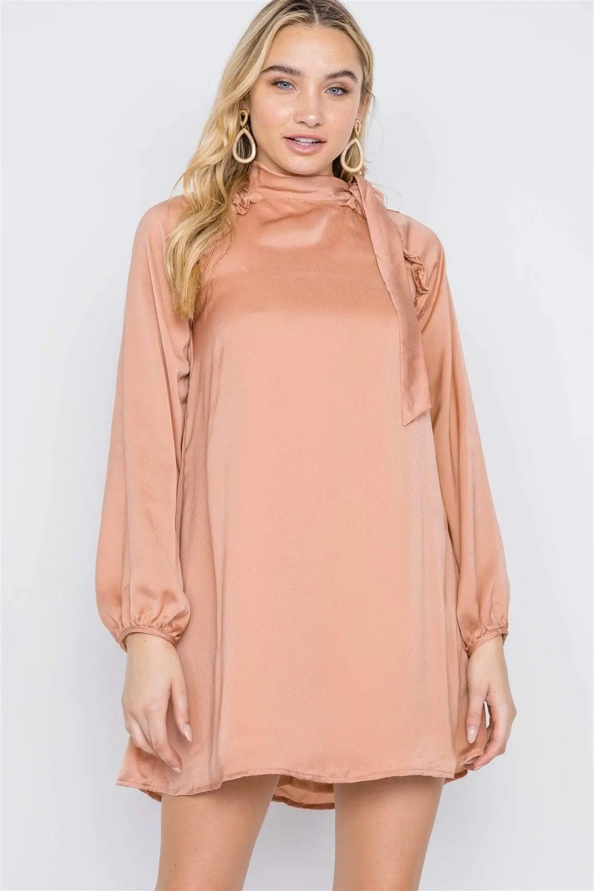 Satin Long Sleeve Side-tie Mini Dress Blue Zone Planet