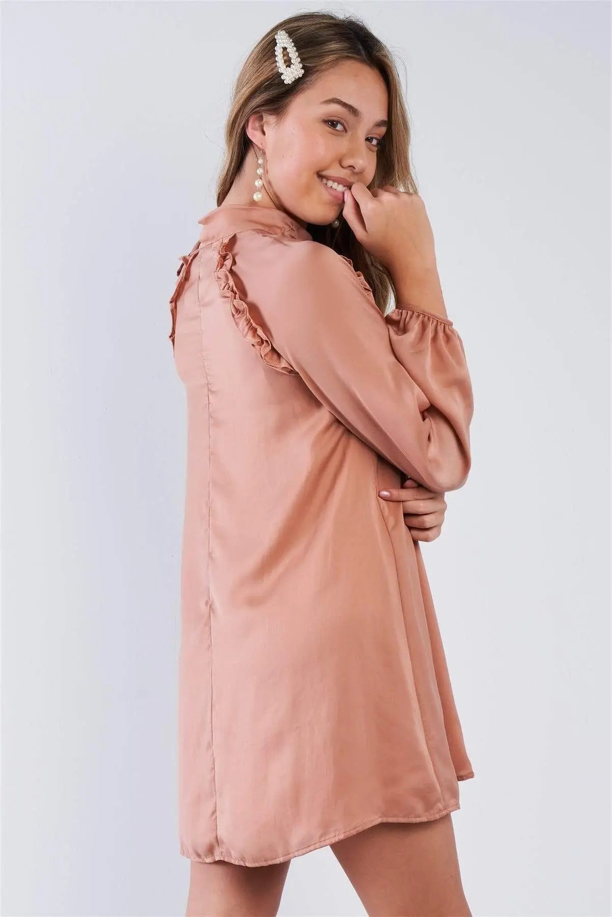 Satin Long Sleeve Side-tie Mini Dress Blue Zone Planet