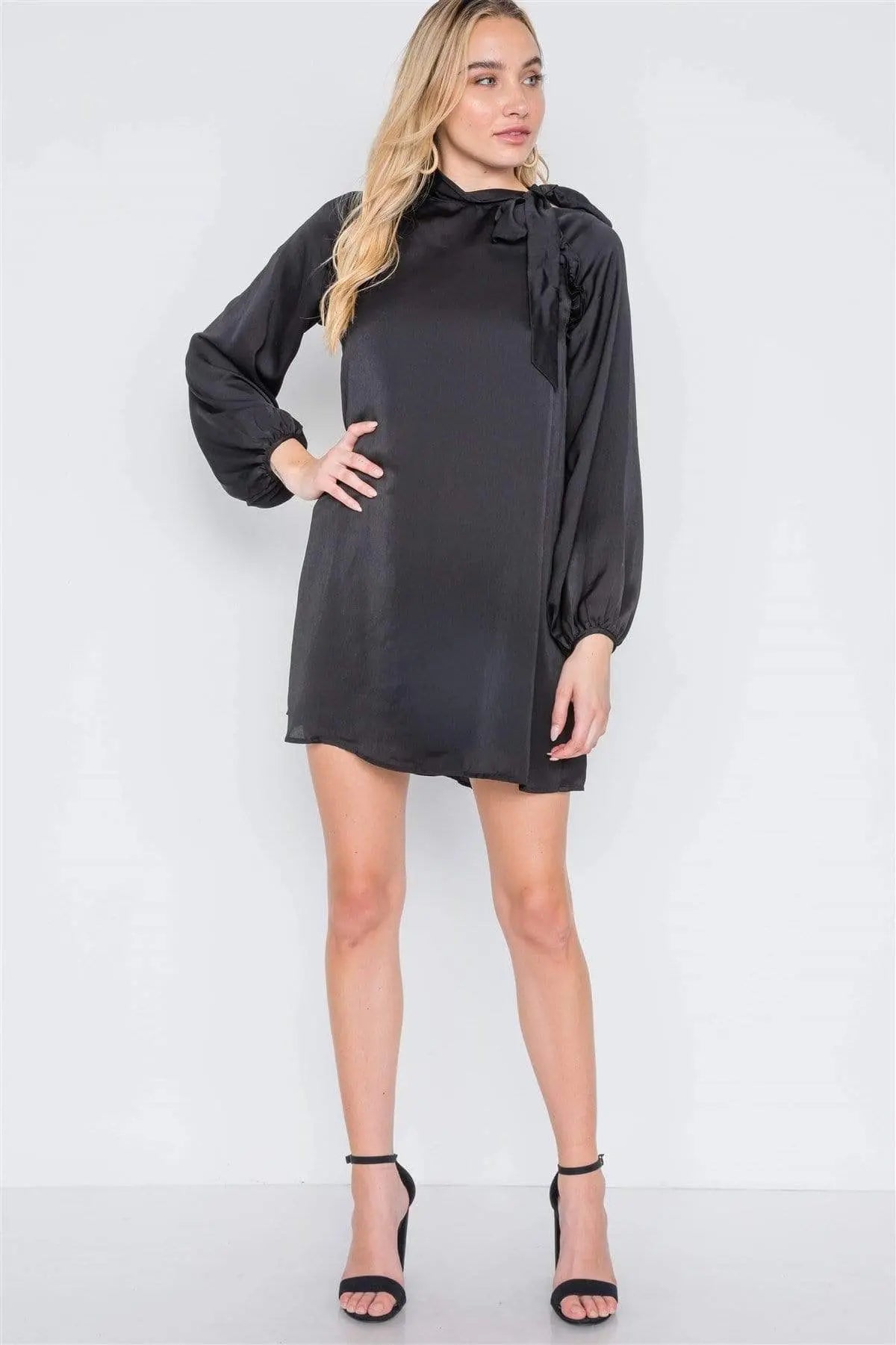 Satin Long Sleeve Side-tie Mini Dress Blue Zone Planet