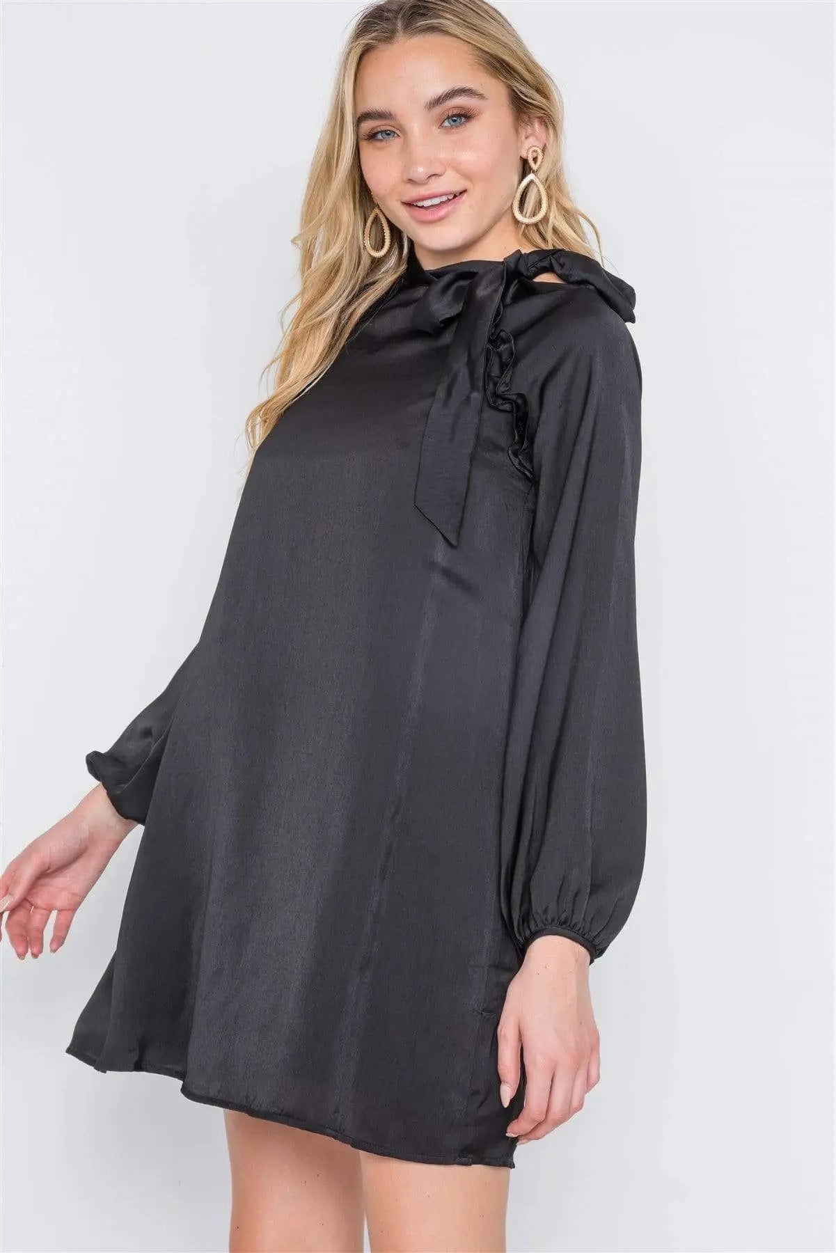 Satin Long Sleeve Side-tie Mini Dress Blue Zone Planet