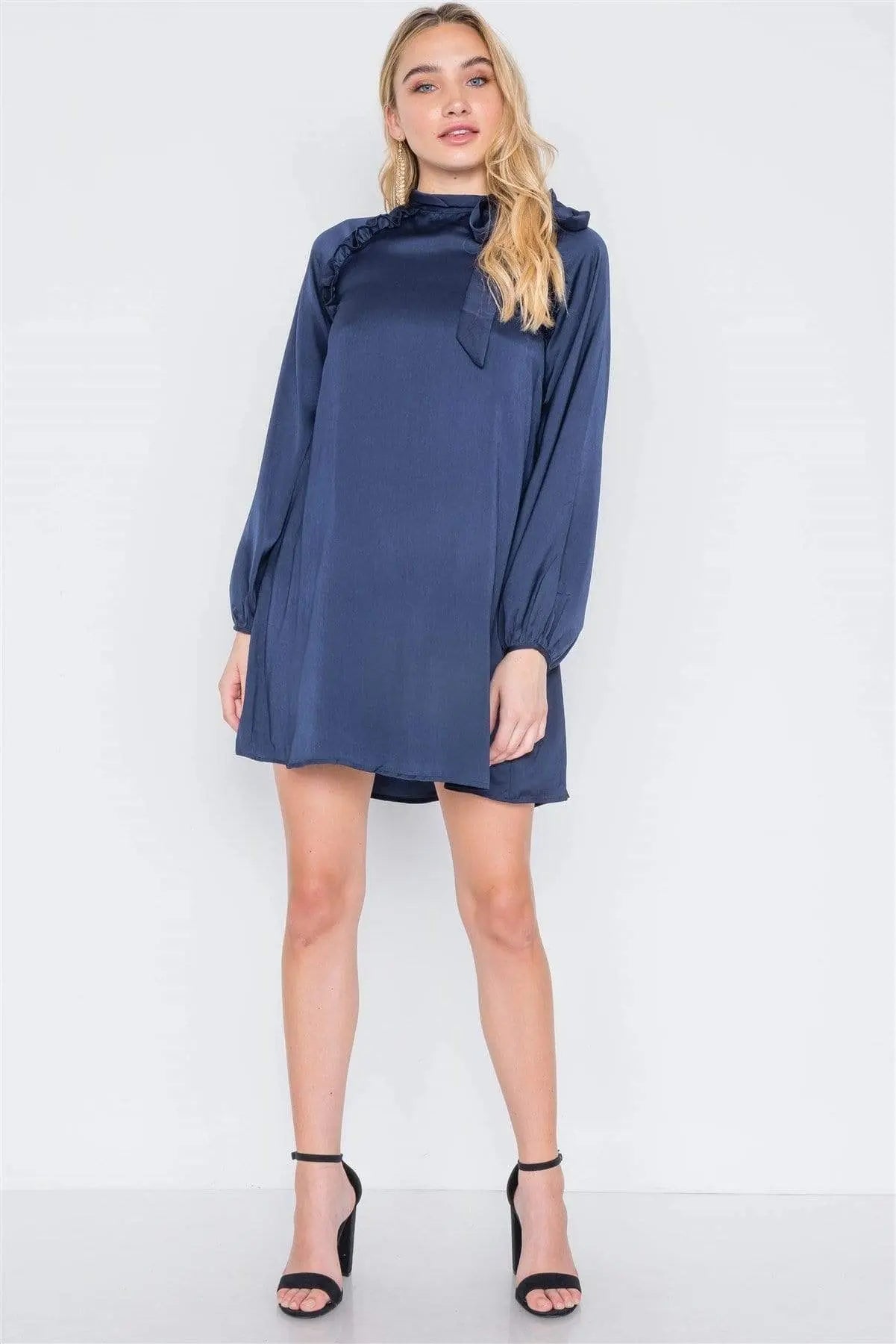 Satin Long Sleeve Side-tie Mini Dress Blue Zone Planet