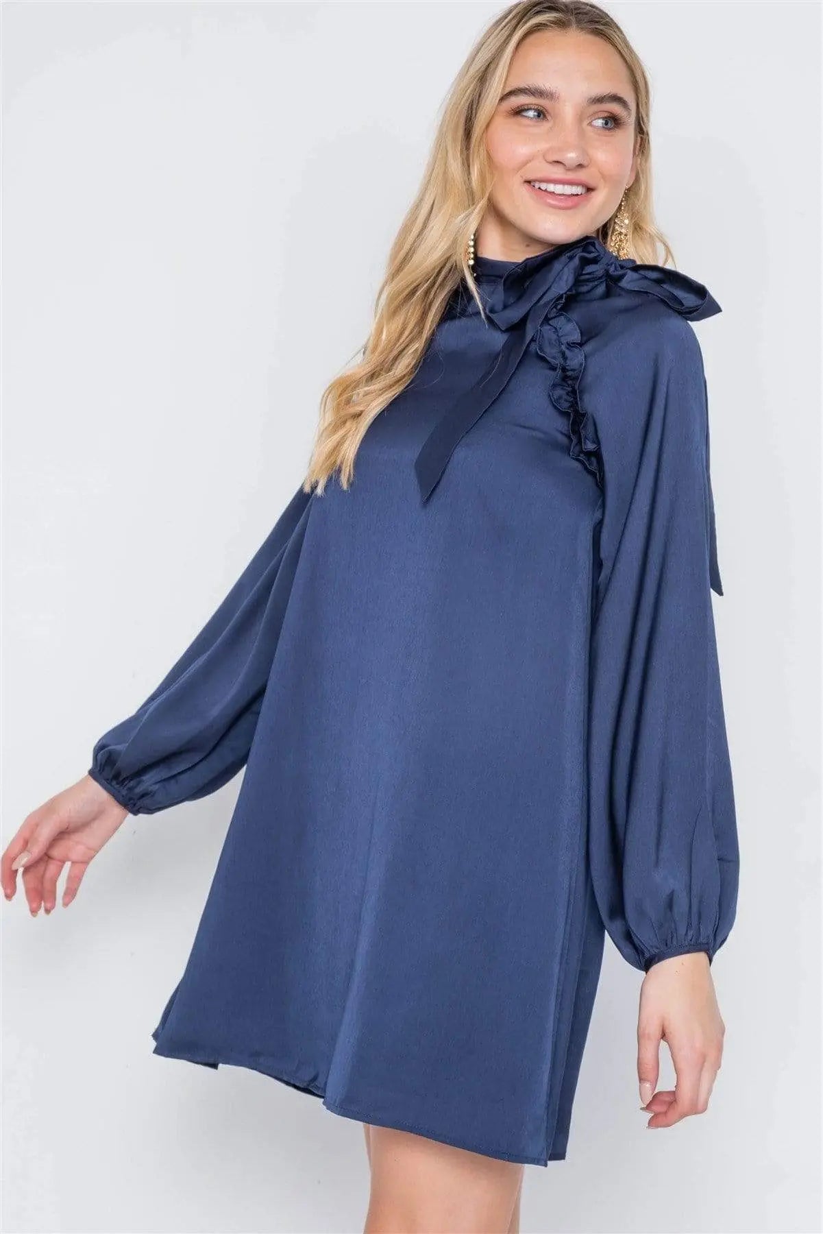 Satin Long Sleeve Side-tie Mini Dress Blue Zone Planet