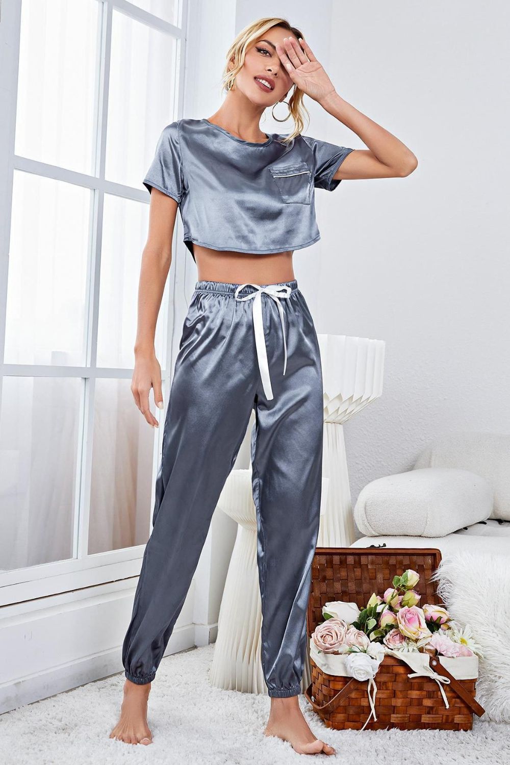 Satin Short Sleeve Crop Top and Joggers Lounge Set BLUE ZONE PLANET