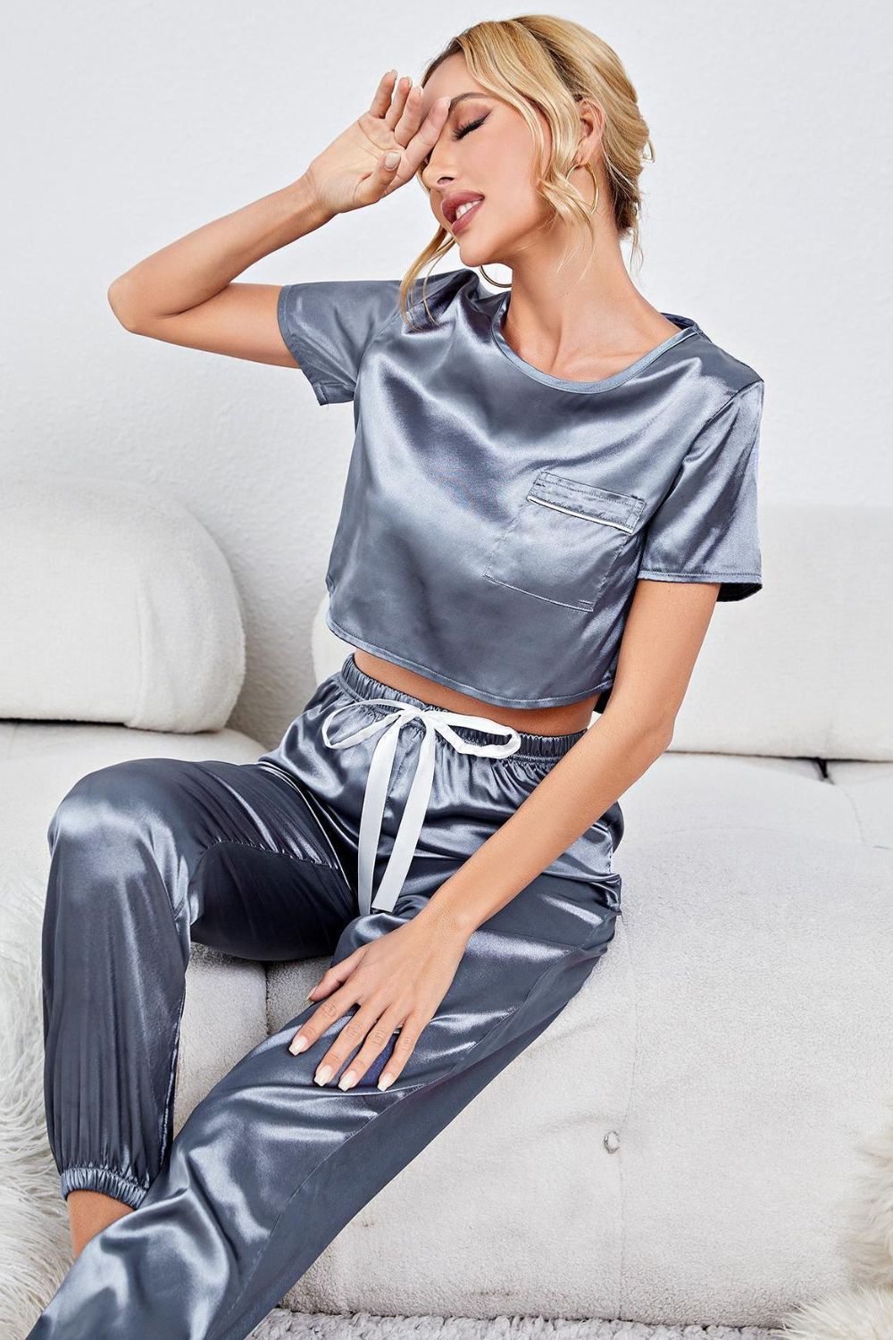 Satin Short Sleeve Crop Top and Joggers Lounge Set BLUE ZONE PLANET
