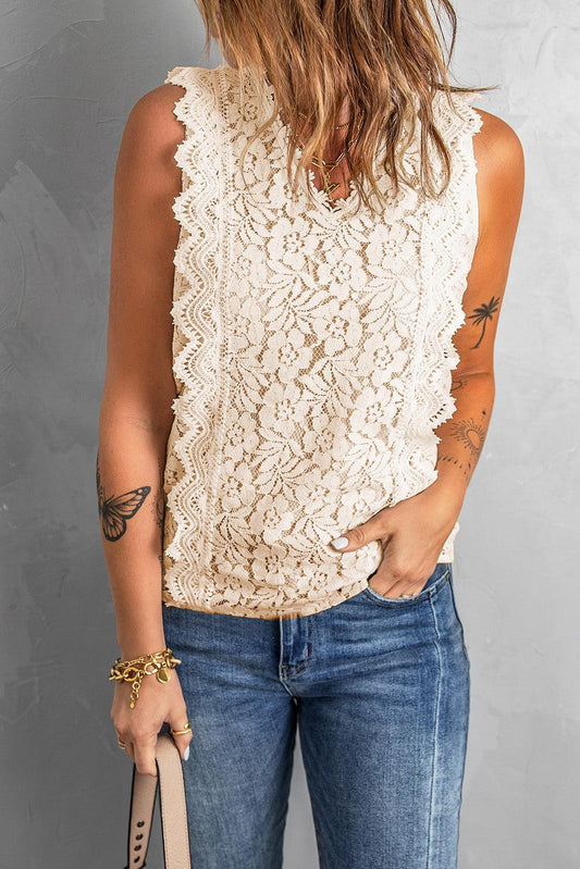 Scalloped V-Neck Lace Tank BLUE ZONE PLANET