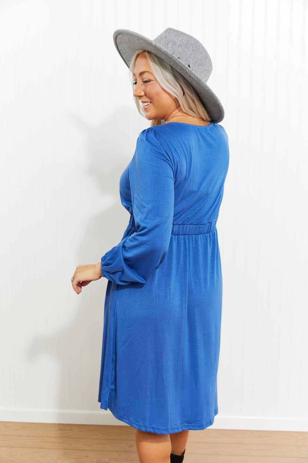Scoop Neck Empire Waist Long Sleeve Mini Dress BLUE ZONE PLANET