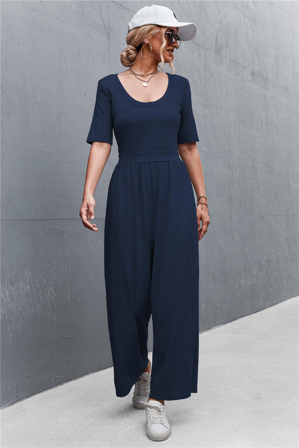 Scoop Neck Half Sleeve Wide Leg Jumpsuit BLUE ZONE PLANET