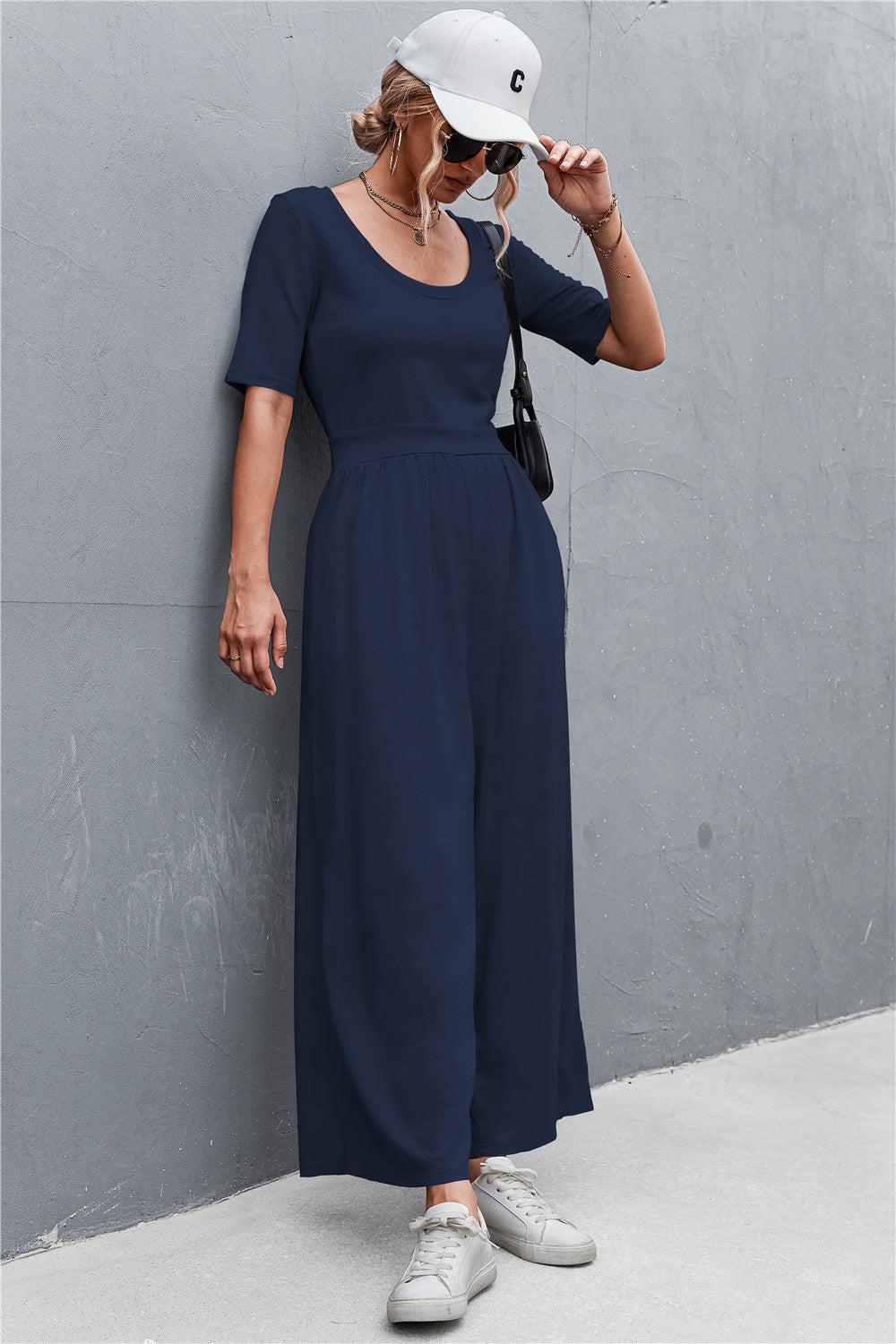 Scoop Neck Half Sleeve Wide Leg Jumpsuit BLUE ZONE PLANET