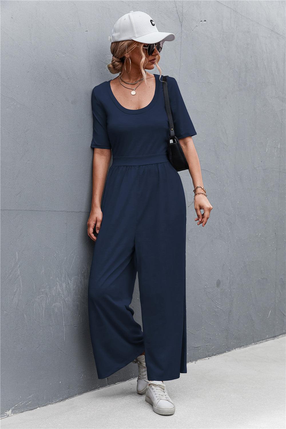 Scoop Neck Half Sleeve Wide Leg Jumpsuit BLUE ZONE PLANET