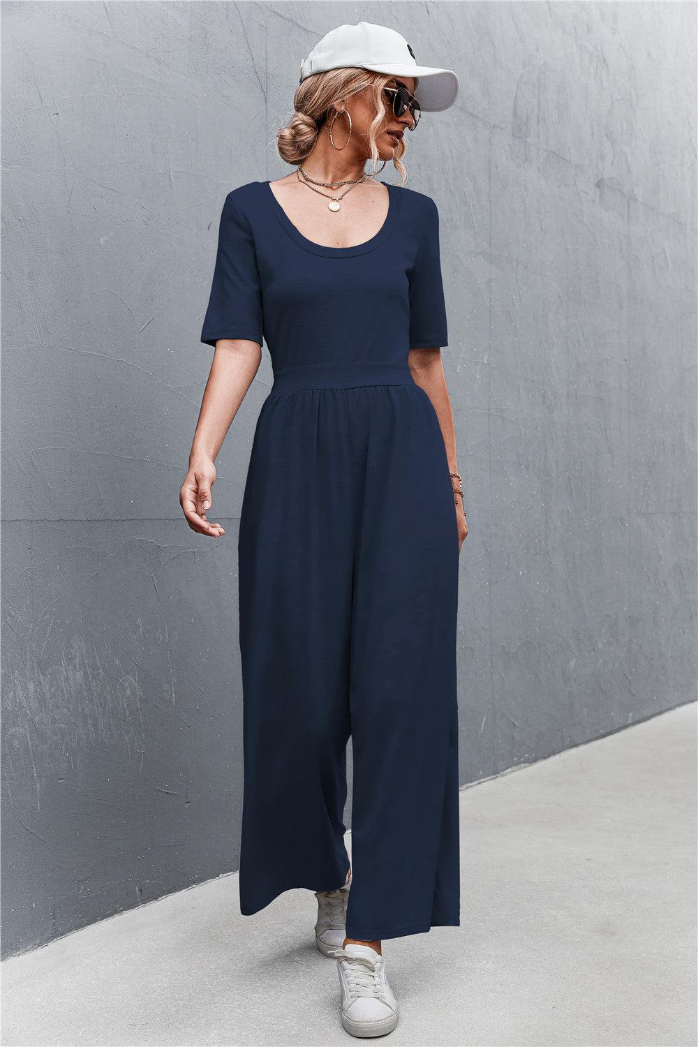 Scoop Neck Half Sleeve Wide Leg Jumpsuit BLUE ZONE PLANET