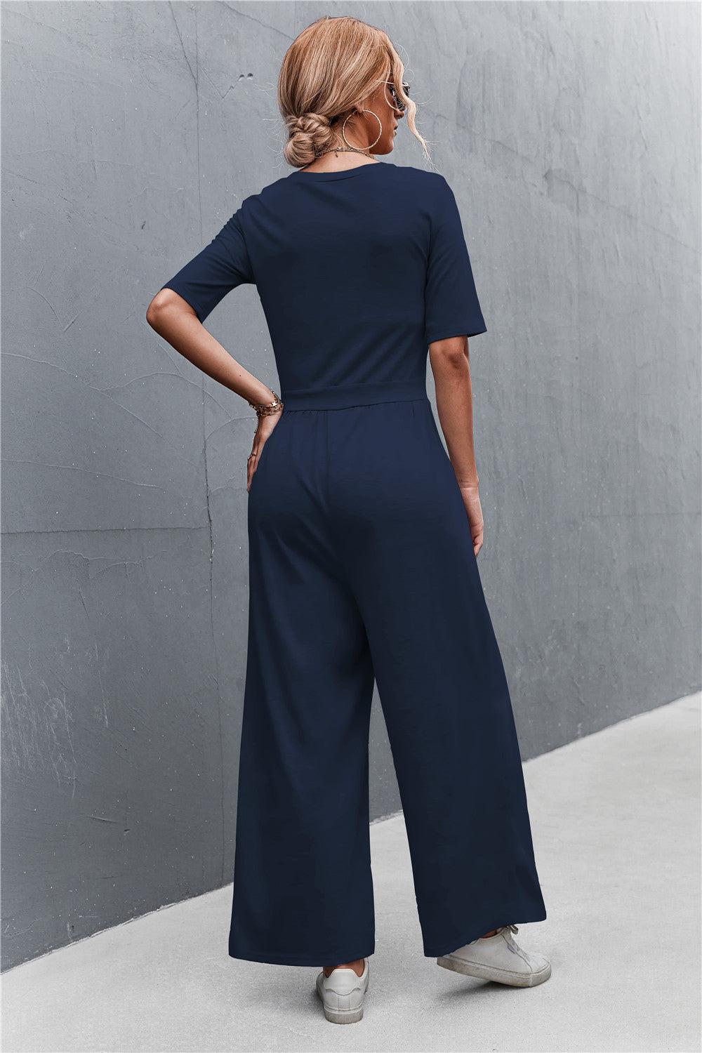 Scoop Neck Half Sleeve Wide Leg Jumpsuit BLUE ZONE PLANET