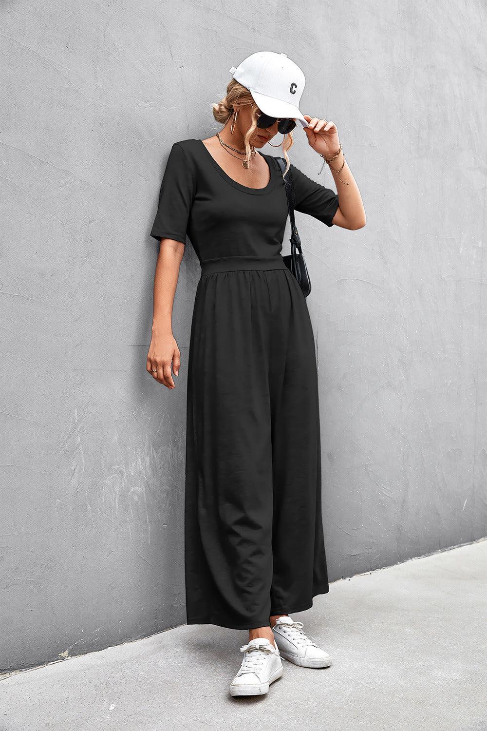 Scoop Neck Half Sleeve Wide Leg Jumpsuit BLUE ZONE PLANET