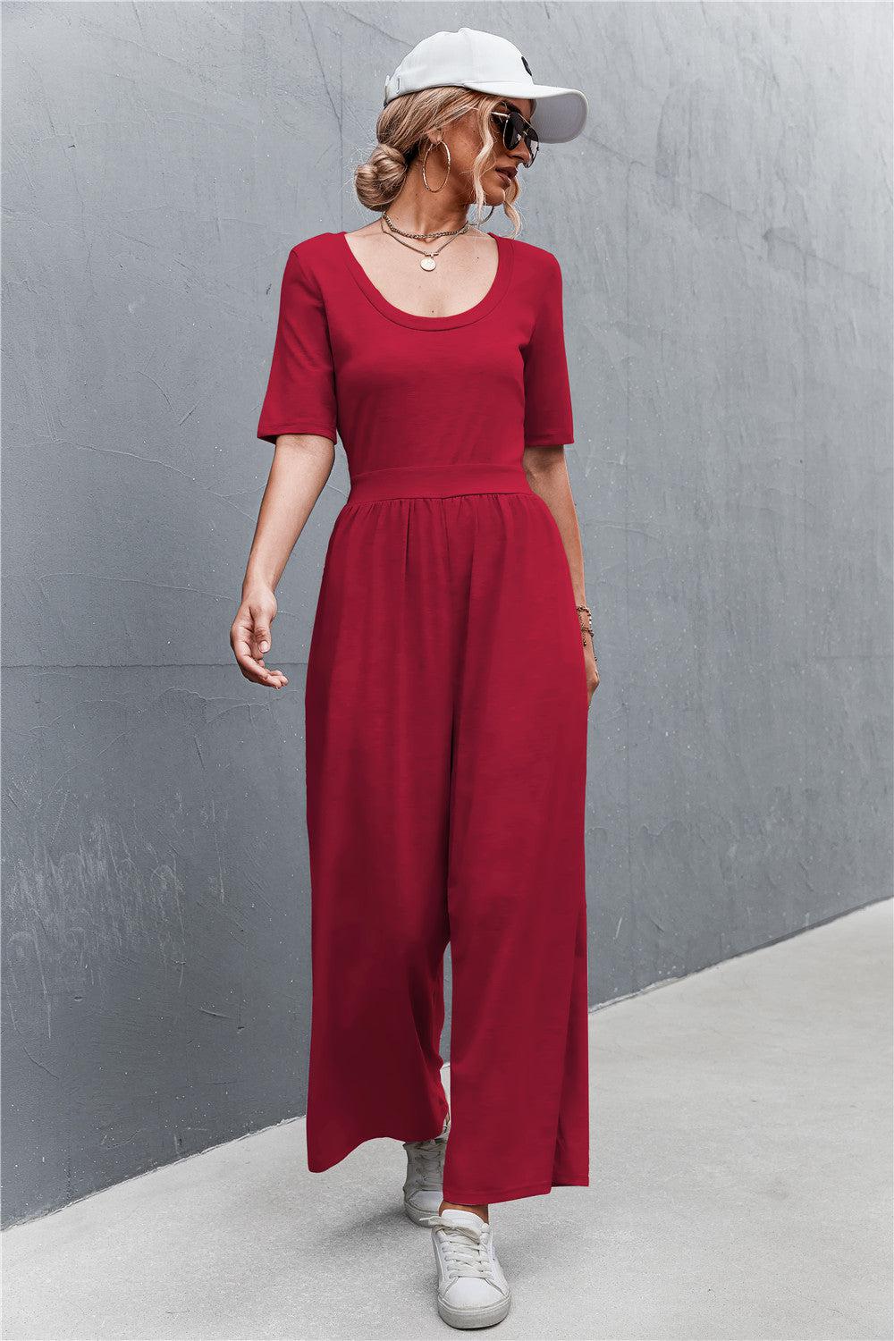 Scoop Neck Half Sleeve Wide Leg Jumpsuit BLUE ZONE PLANET