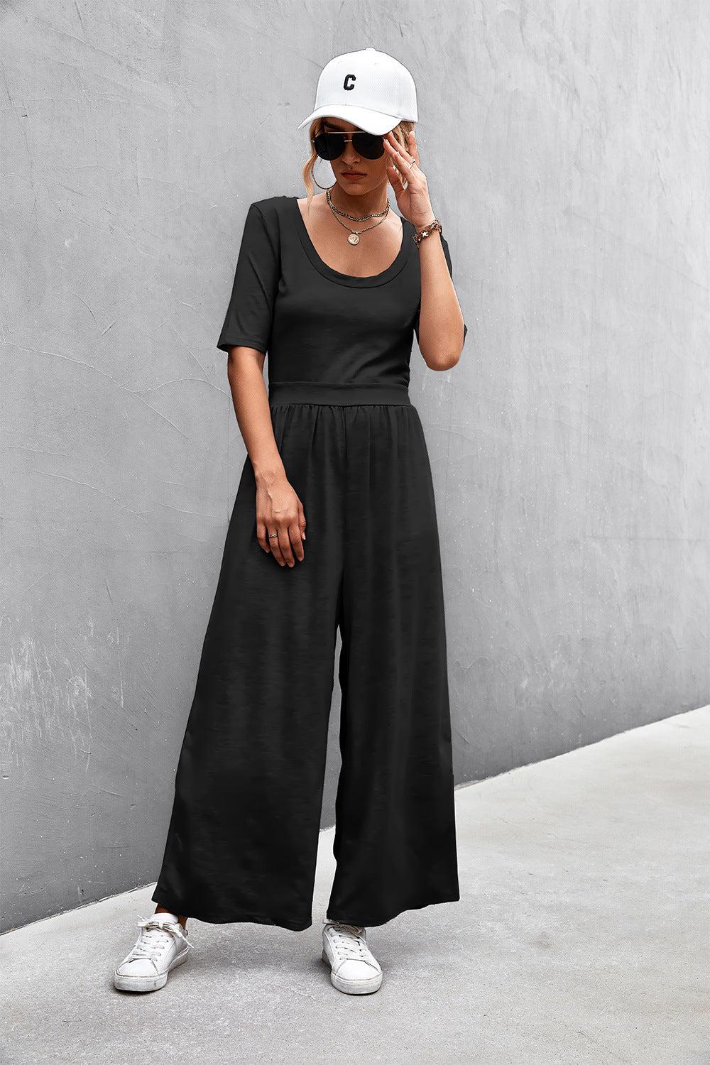 Scoop Neck Half Sleeve Wide Leg Jumpsuit BLUE ZONE PLANET