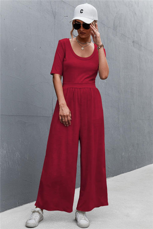 Scoop Neck Half Sleeve Wide Leg Jumpsuit BLUE ZONE PLANET