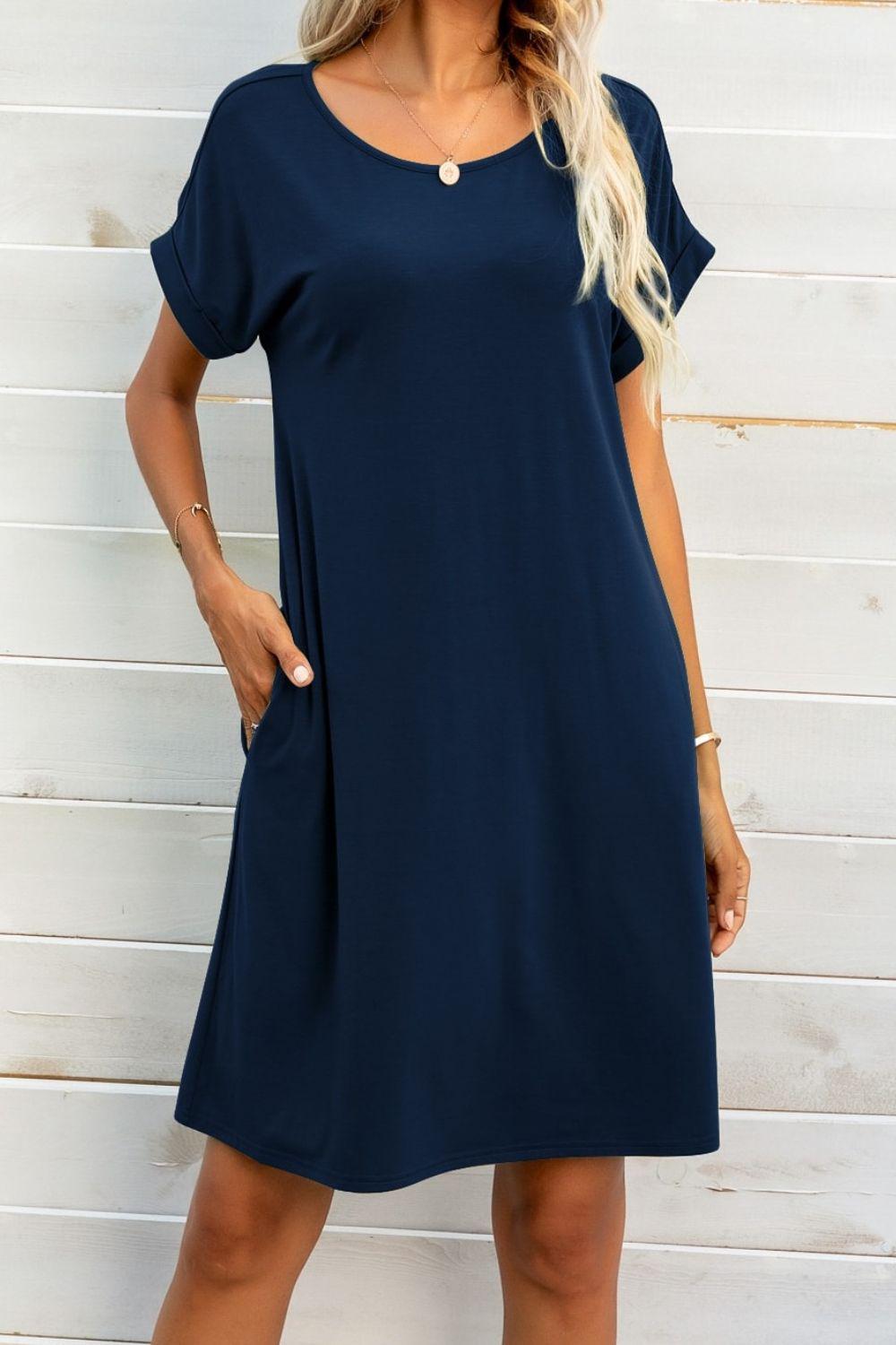 Scoop Neck Short Sleeve Pocket Dress BLUE ZONE PLANET