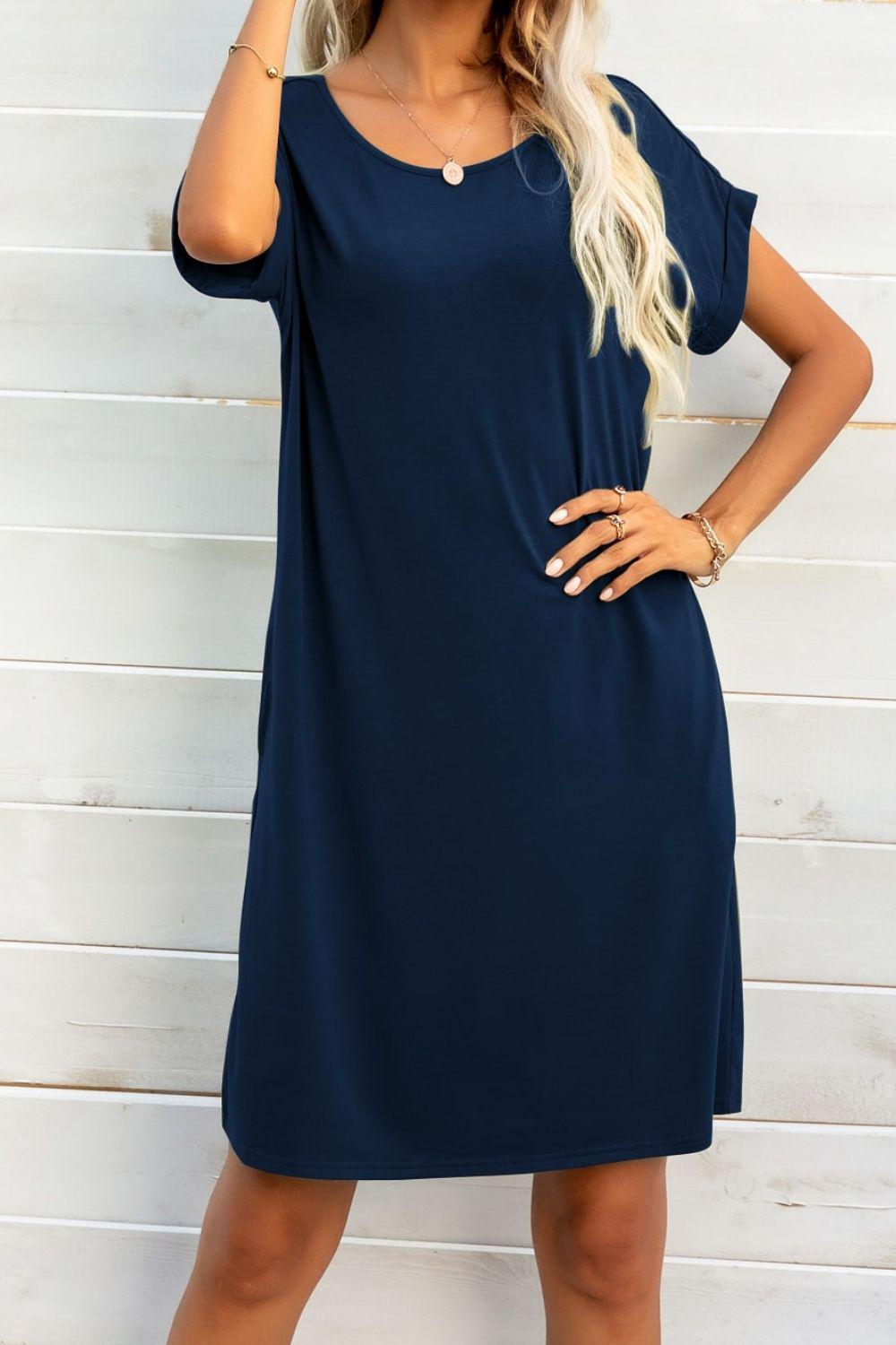 Scoop Neck Short Sleeve Pocket Dress BLUE ZONE PLANET