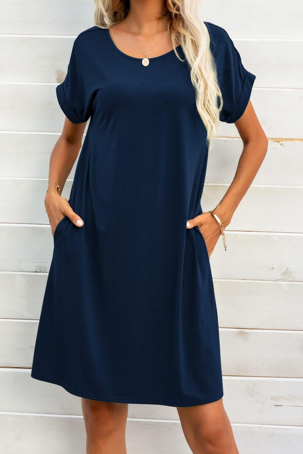 Scoop Neck Short Sleeve Pocket Dress BLUE ZONE PLANET