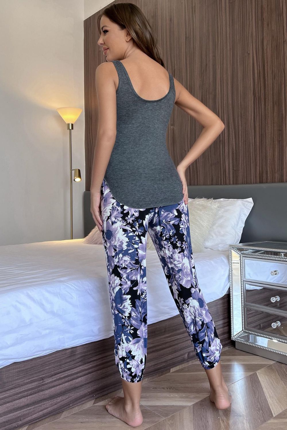 Scoop Neck Tank and Floral Cropped Pants Lounge Set BLUE ZONE PLANET