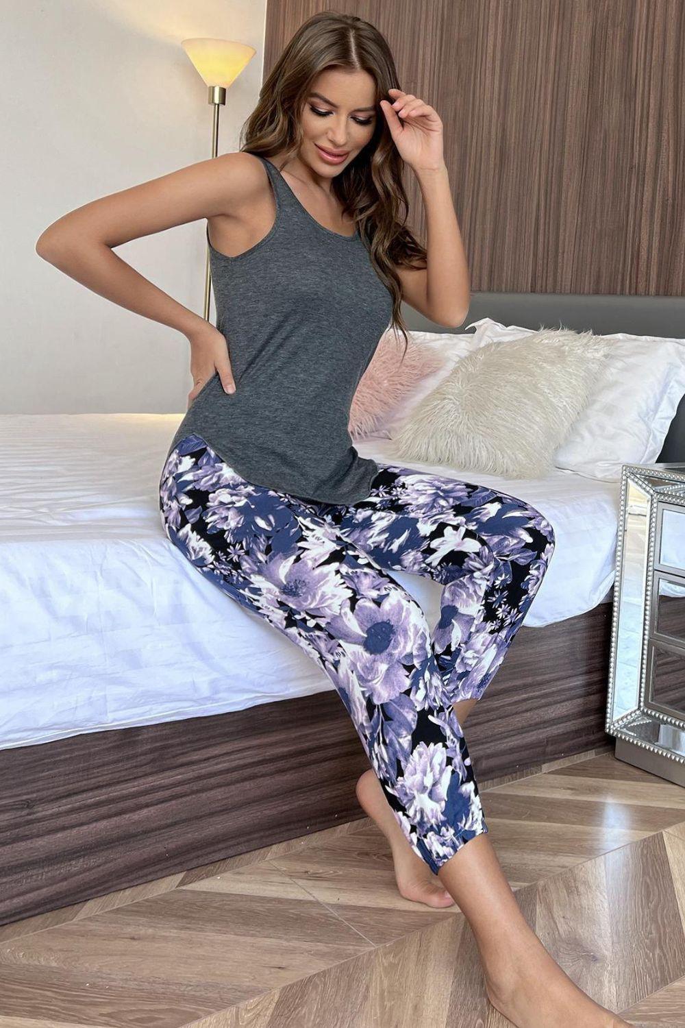 Scoop Neck Tank and Floral Cropped Pants Lounge Set BLUE ZONE PLANET
