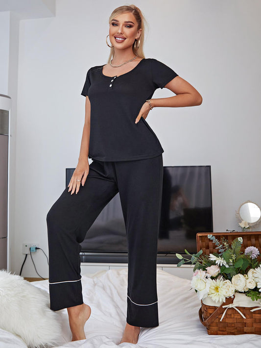 Scoop Neck Top and Elastic Waist Pants Lounge Set BLUE ZONE PLANET