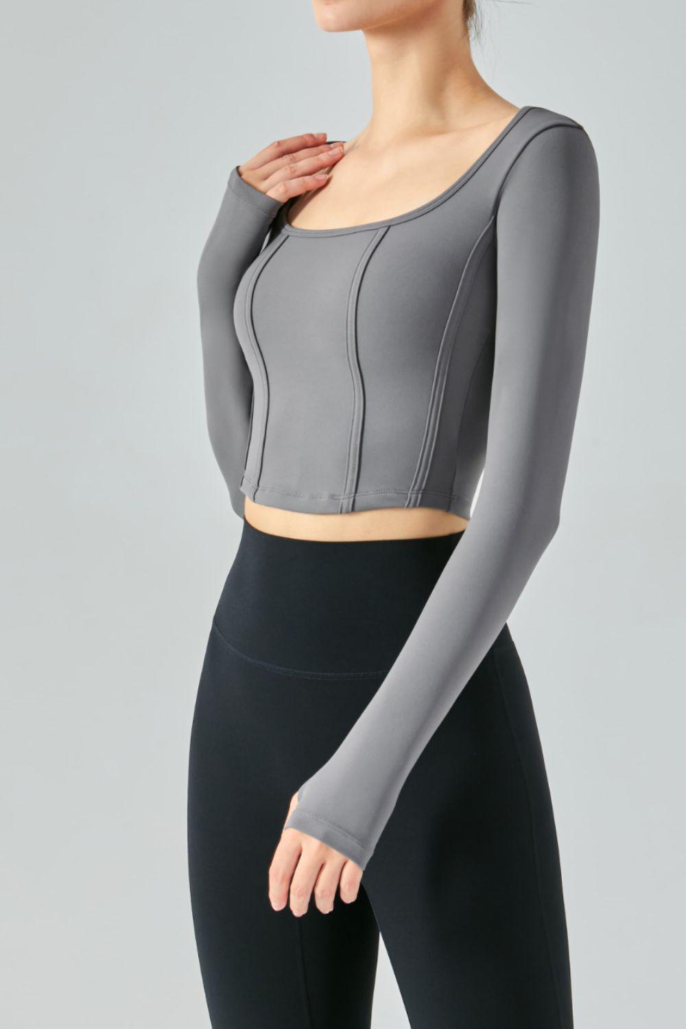 Seam Detail Thumbhole Sleeve Cropped Sports Top BLUE ZONE PLANET