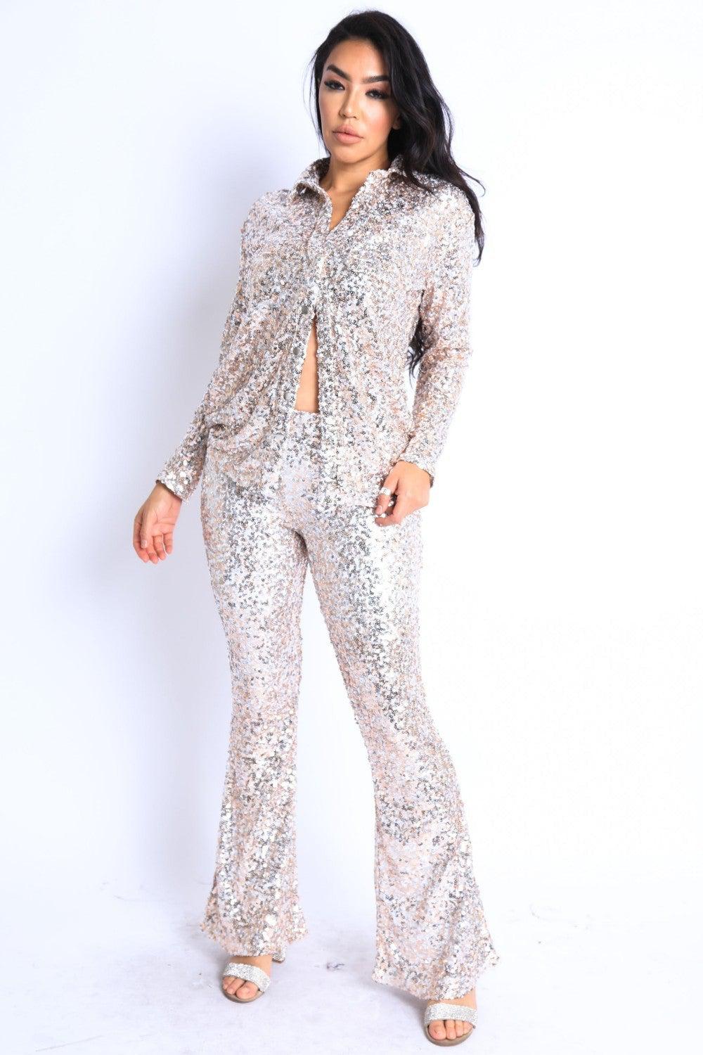 Sequin Button Down Shirt And Pant Set-TOPS / DRESSES-[Adult]-[Female]-Blue Zone Planet