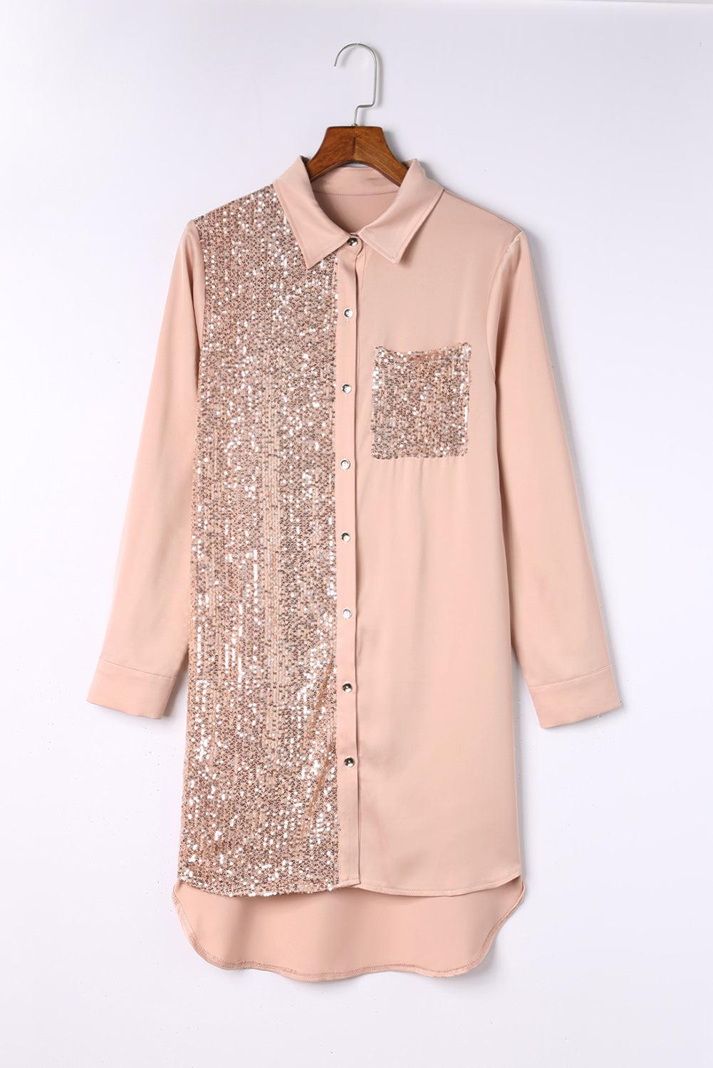 Sequin Button Front High-Low Shirt Dress BLUE ZONE PLANET