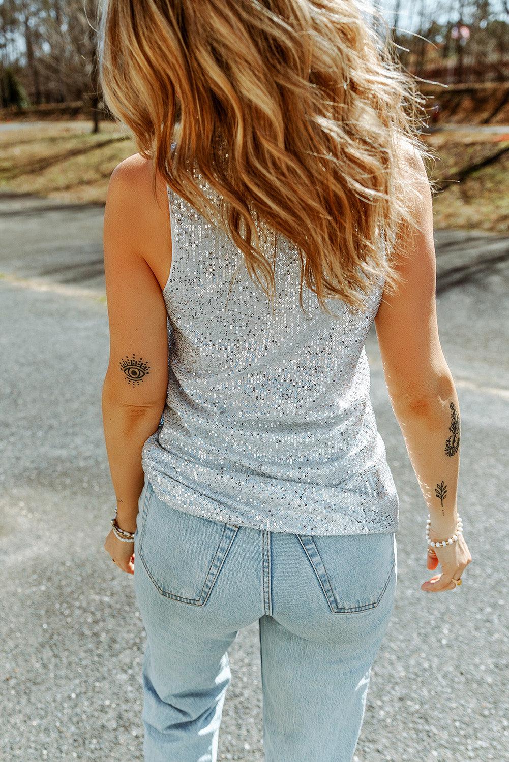 Sequin Button Front V-Neck Tank BLUE ZONE PLANET