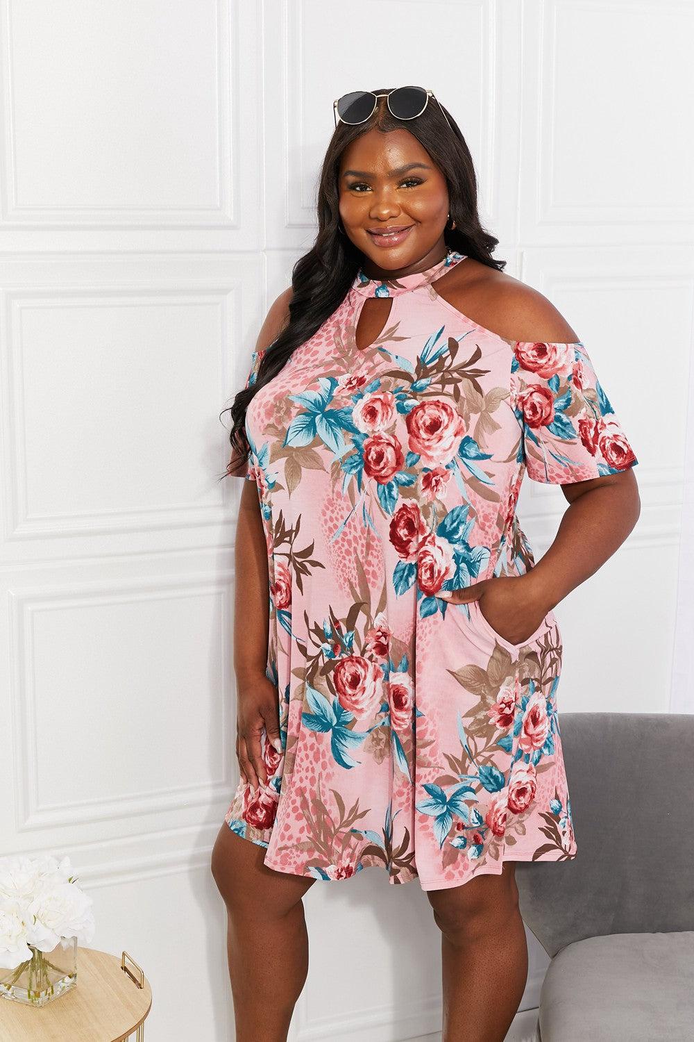 Sew In Love Full Size Fresh-Cut Flowers Cold-Shoulder Dress BLUE ZONE PLANET