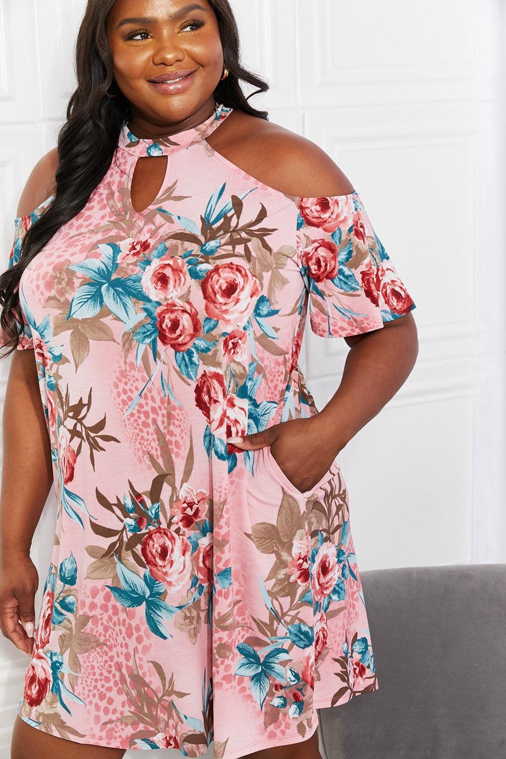 Sew In Love Full Size Fresh-Cut Flowers Cold-Shoulder Dress BLUE ZONE PLANET