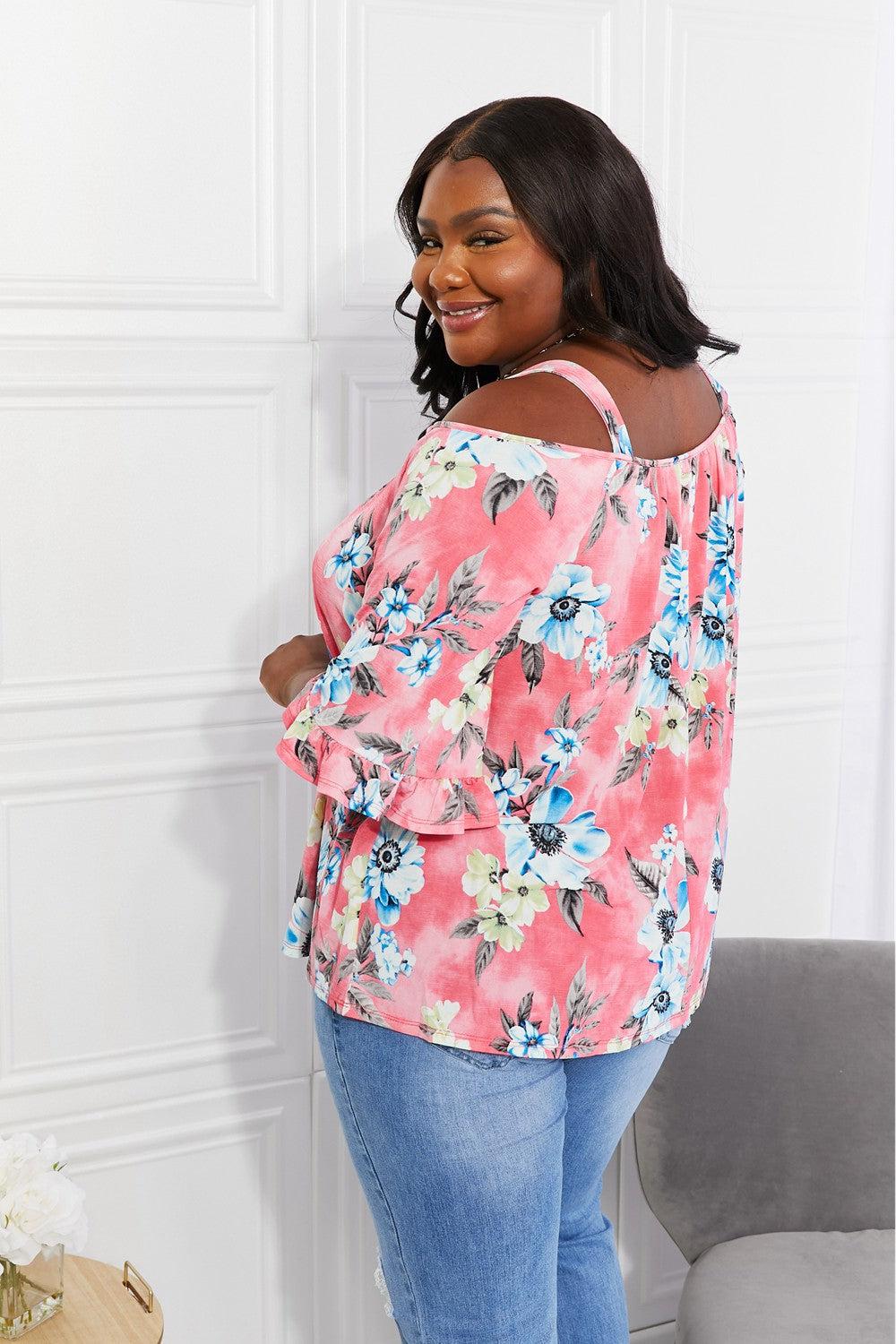 Sew In Love Full Size Fresh Take  Floral Cold-Shoulder Top BLUE ZONE PLANET