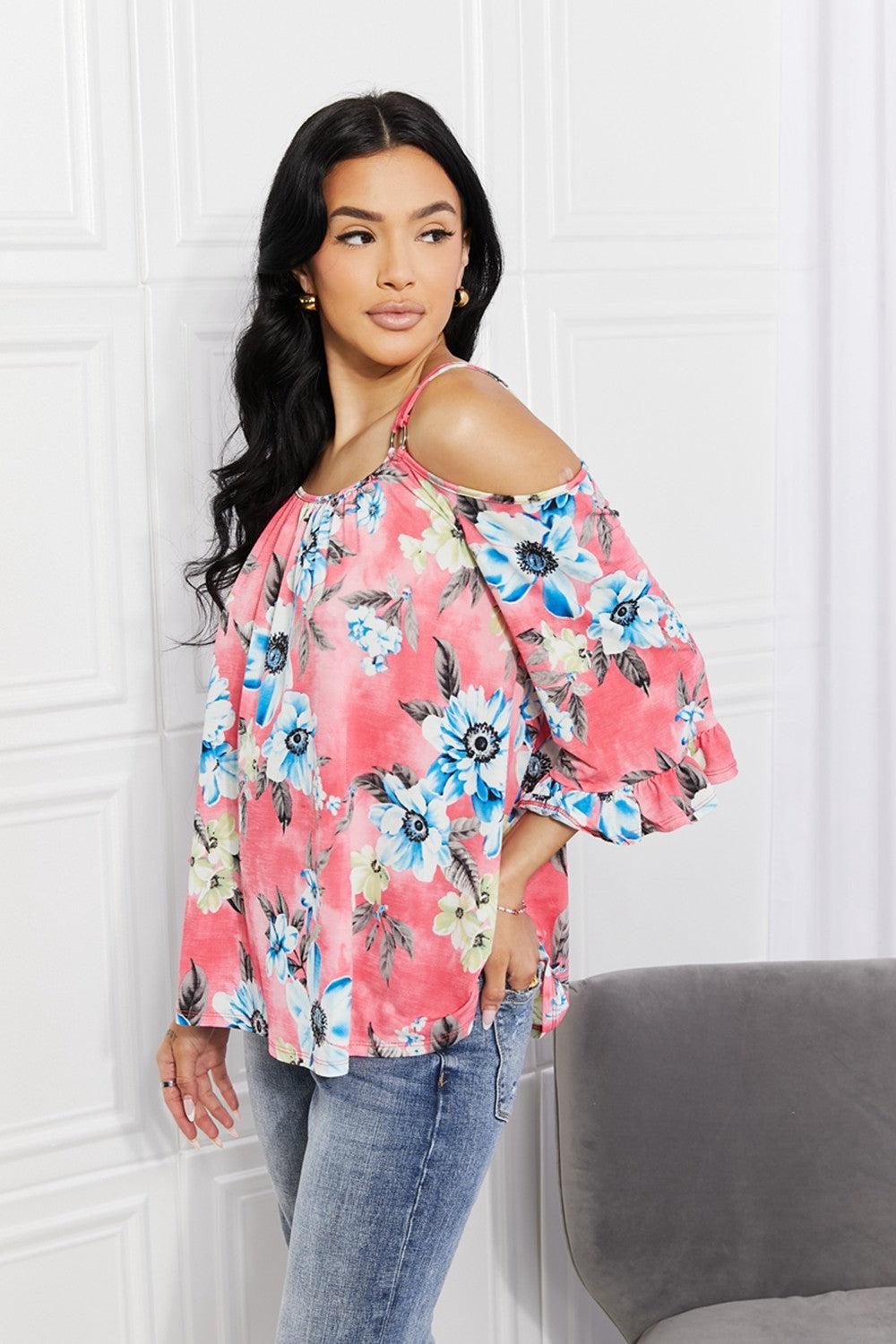 Sew In Love Full Size Fresh Take  Floral Cold-Shoulder Top BLUE ZONE PLANET