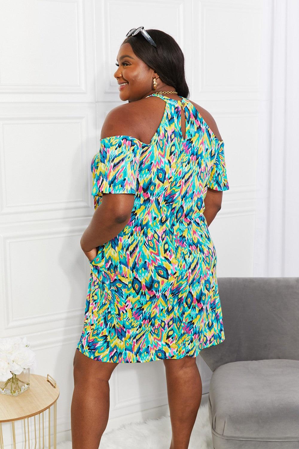 Sew In Love Full Size Perfect Paradise Printed Cold-Shoulder Dress BLUE ZONE PLANET