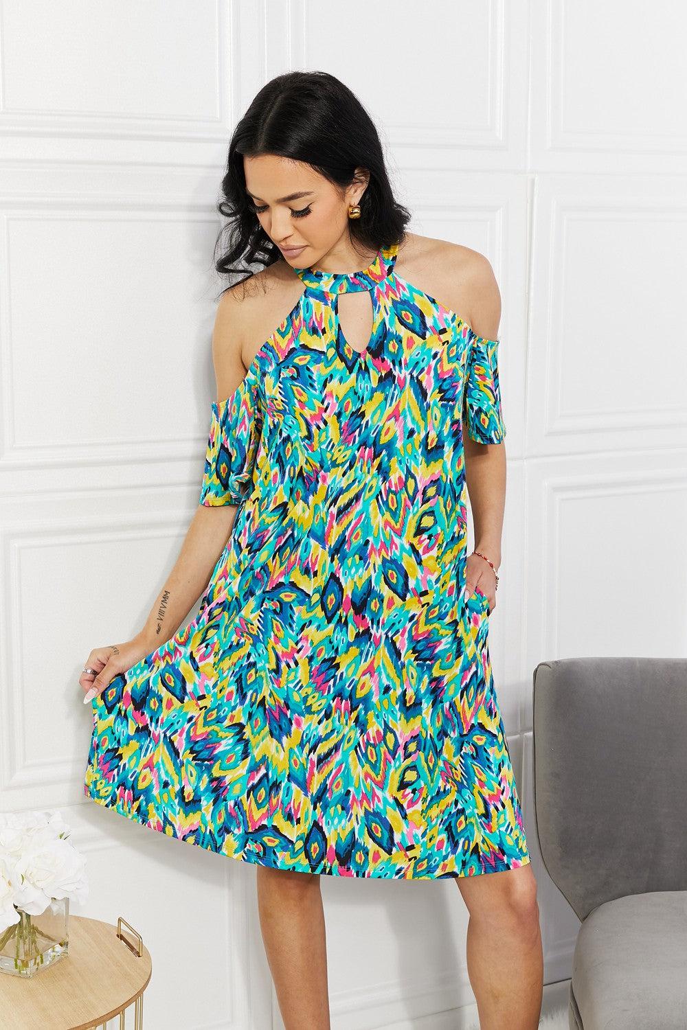 Sew In Love Full Size Perfect Paradise Printed Cold-Shoulder Dress BLUE ZONE PLANET