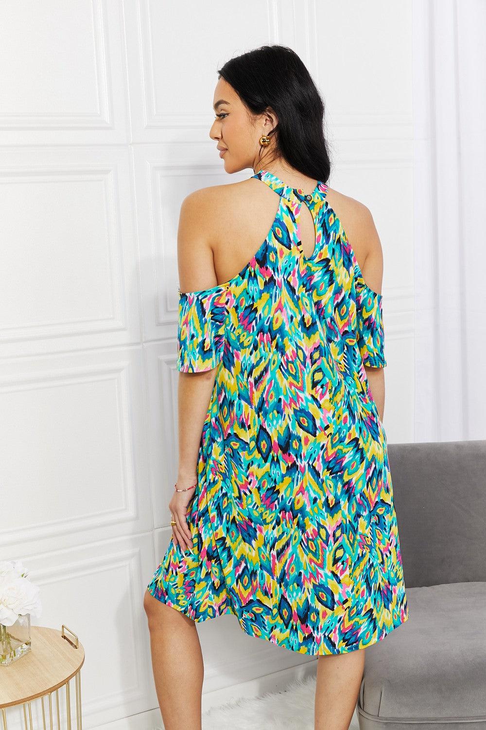 Sew In Love Full Size Perfect Paradise Printed Cold-Shoulder Dress BLUE ZONE PLANET