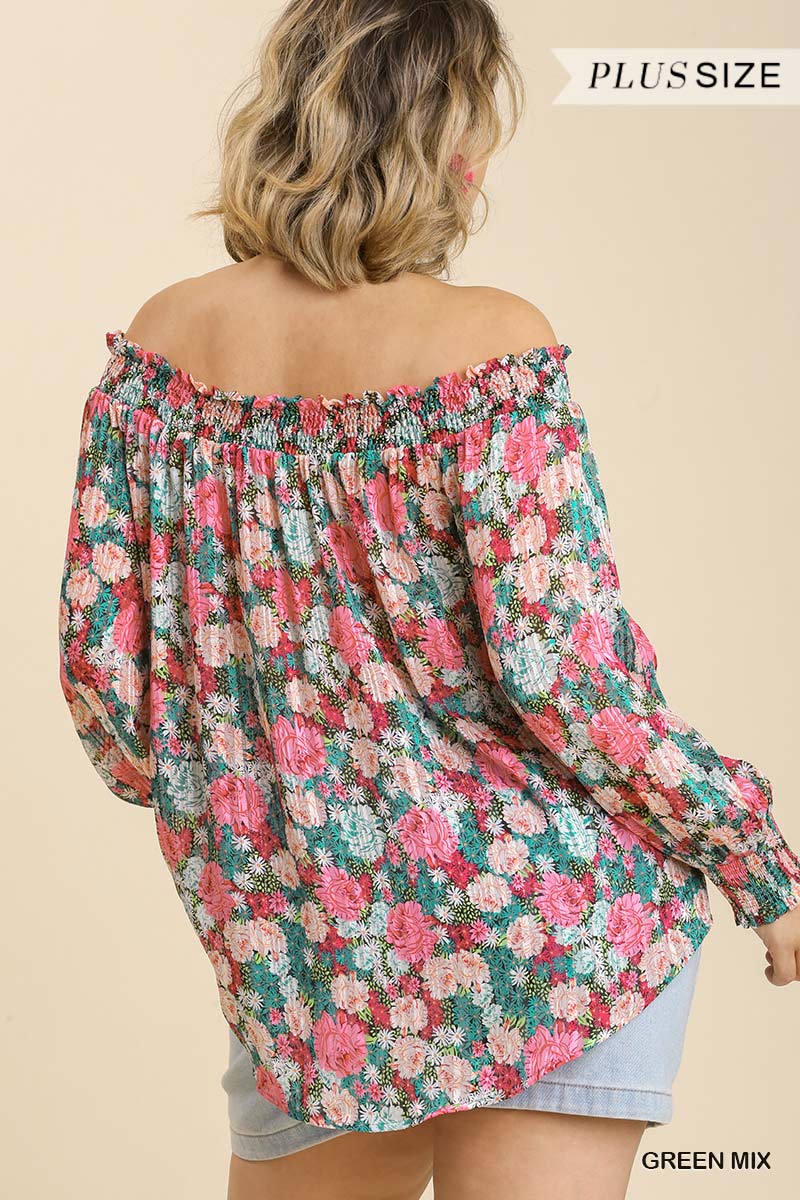 Sheer Floral Print Metallic Threading Long Sleeve Off Shoulder Top With High Low Hem Blue Zone Planet