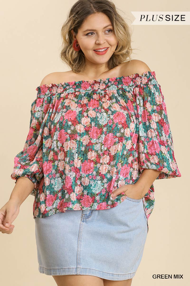 Sheer Floral Print Metallic Threading Long Sleeve Off Shoulder Top With High Low Hem Blue Zone Planet