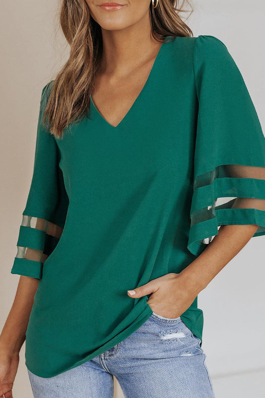 Sheer Striped Flare Sleeve V-Neck Blouse BLUE ZONE PLANET