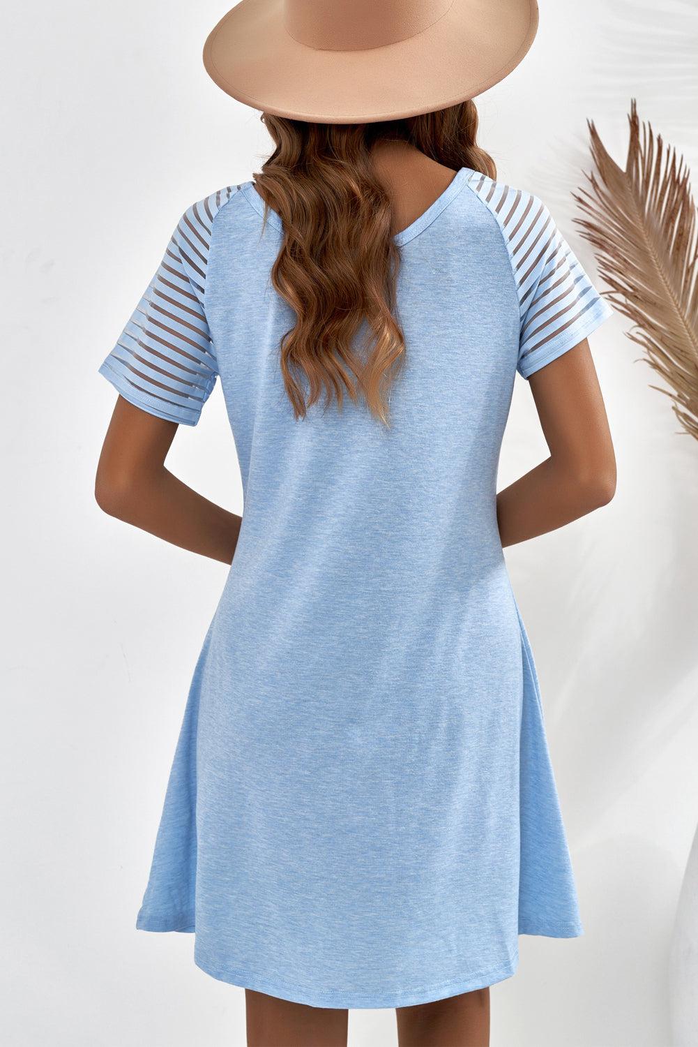 Sheer Striped Raglan Sleeve T-Shirt Dress BLUE ZONE PLANET