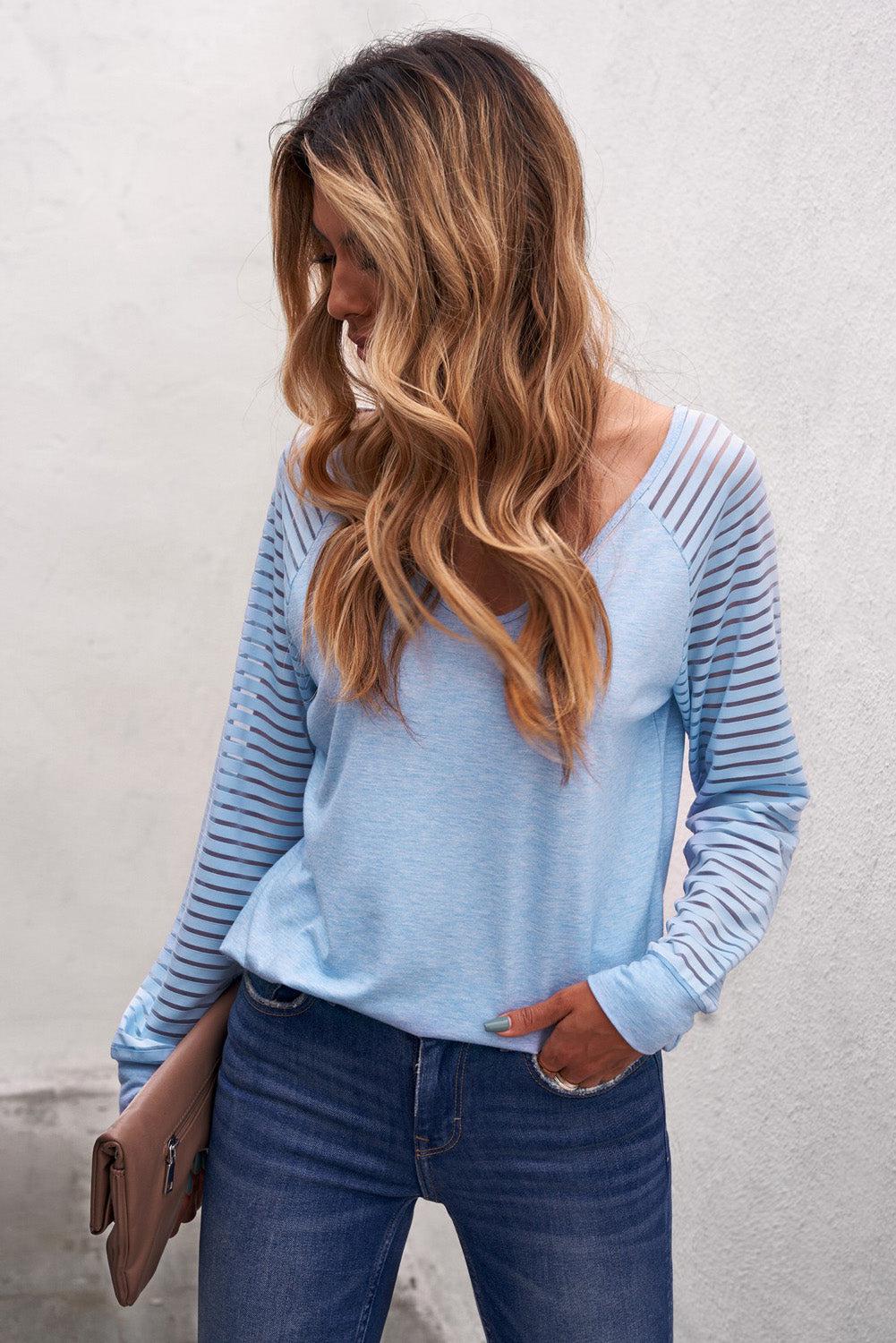 Sheer Striped V-Neck Top BLUE ZONE PLANET