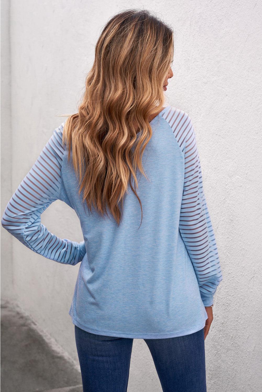 Sheer Striped V-Neck Top BLUE ZONE PLANET