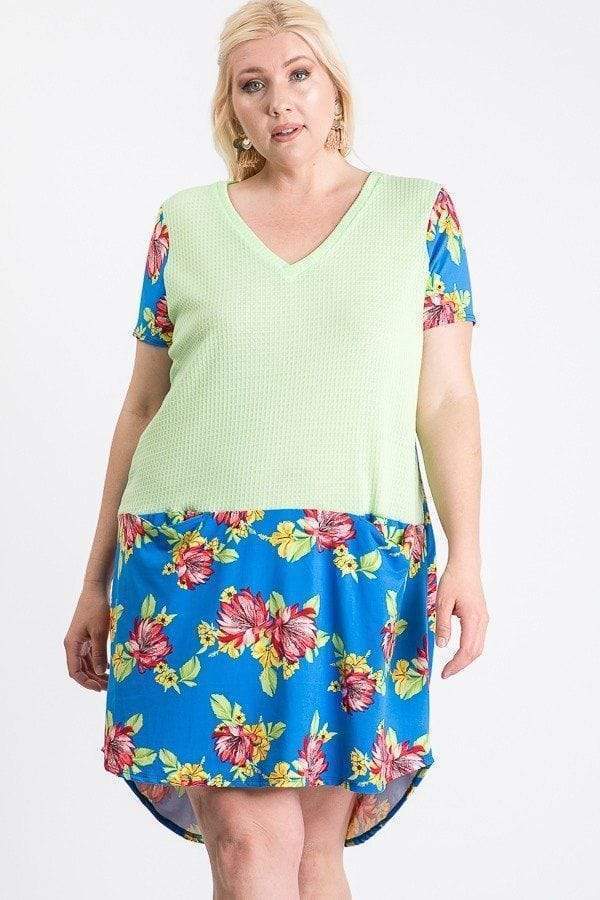 Short Sleeve Floral Blocked Midi Dress With Front Pocket-TOPS / DRESSES-[Adult]-[Female]-Blue Zone Planet