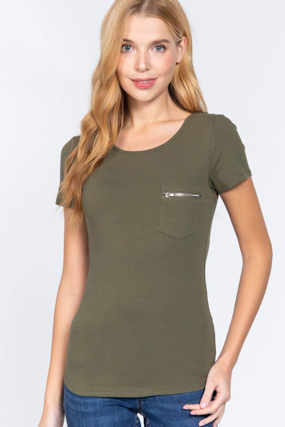 Short Sleeve Top With Zipper Pocket-TOPS / DRESSES-[Adult]-[Female]-Olive Green-S-Blue Zone Planet