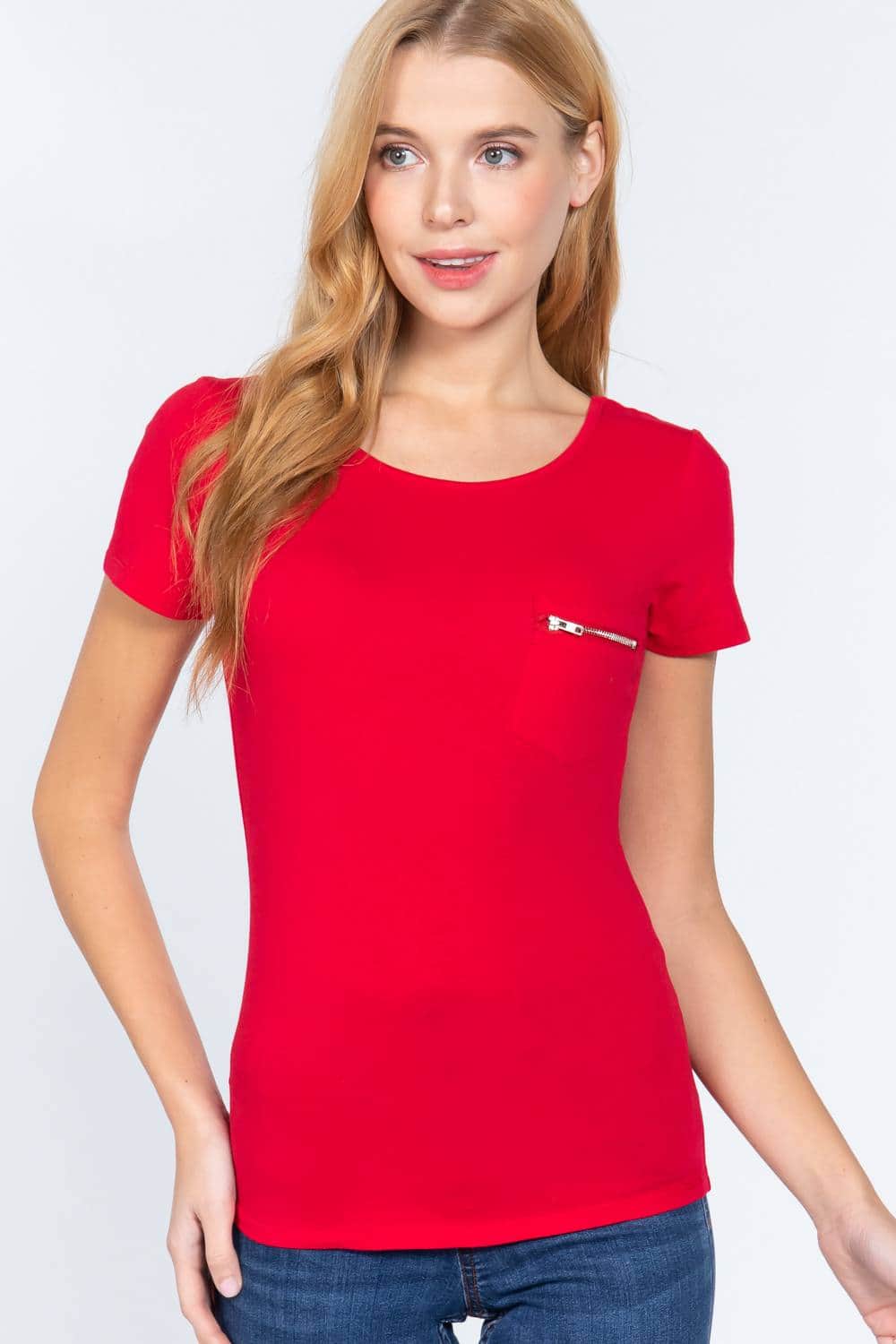 Short Sleeve Top With Zipper Pocket-TOPS / DRESSES-[Adult]-[Female]-Red-S-Blue Zone Planet