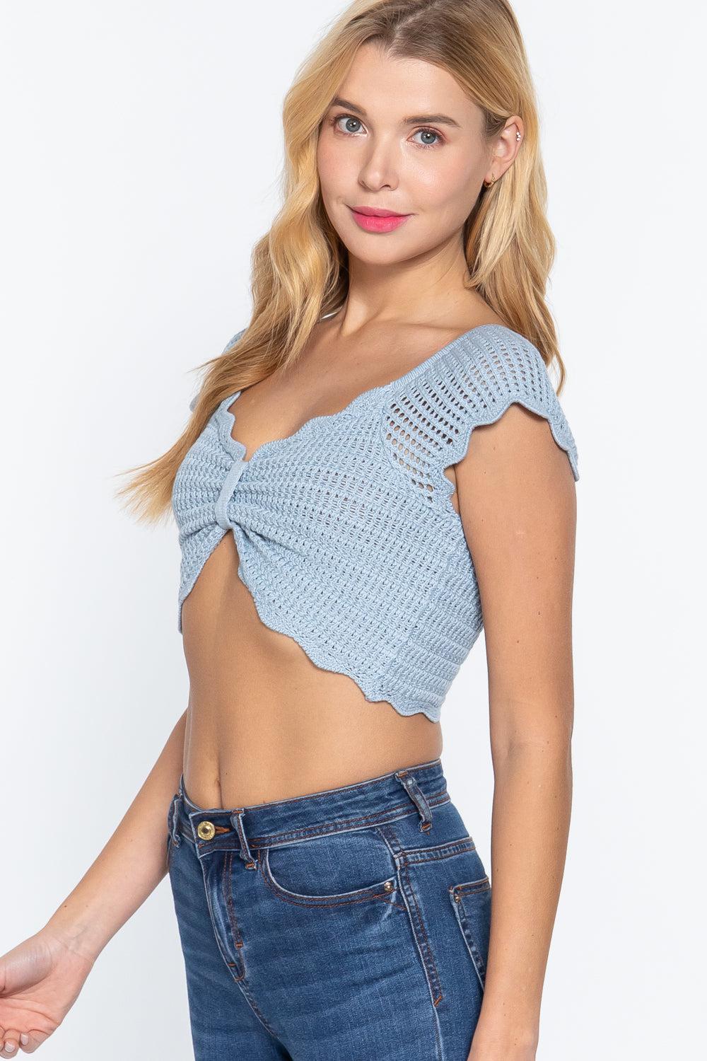 Short Sleeve V-neck Front Knot Detail Sweater Knit Crop Top Blue Zone Planet